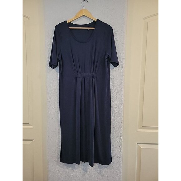 H by Halston Regular Ruched Waist Elbow-Sleeve Midi Dress Navy Sz L - Picture 1 of 6